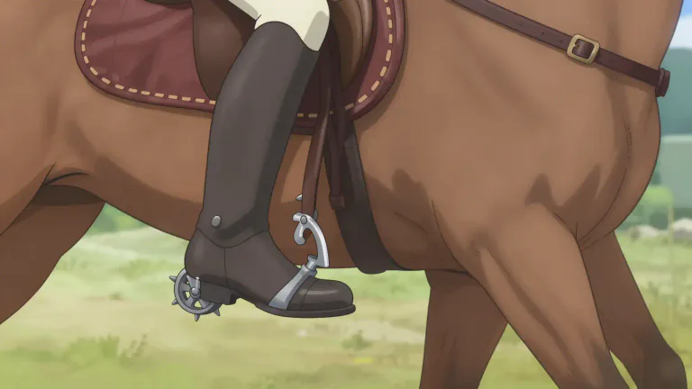 Visual representation of "spur" - A device with a small spike or a spiked wheel that is worn on a rider's heel and used for urging a horse forward.