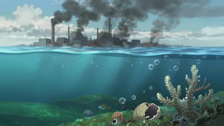 Visual representation of "acidification" - The process by which a substance becomes more acidic, especially referring to the reduction of pH in oceans or lakes due to pollution, primarily from carbon dioxide emissions.