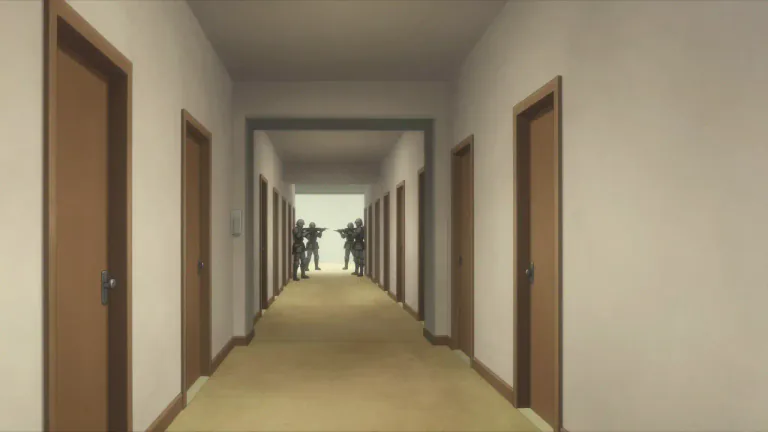 Visual representation of "enfilade" - A line of sight or fire created by a series of rooms or positions where one can see and engage targets in a straight line.