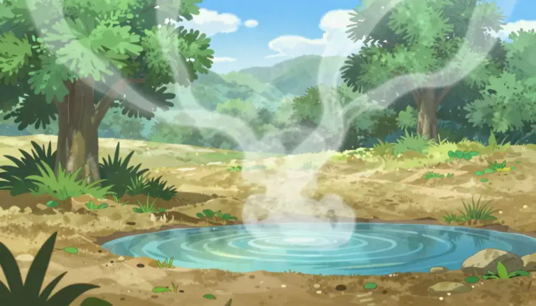 Visual representation of "evapotranspiration" - The process by which water is transferred from the land to the atmosphere by evaporation from soil and other surfaces and by transpiration from plants.