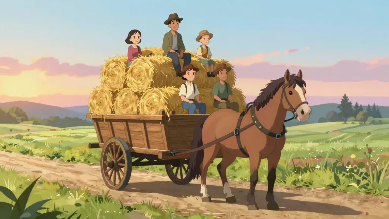 Visual representation of "hayride" - A leisurely ride on a wagon filled with hay, usually taken in a rural setting for enjoyment or entertainment.