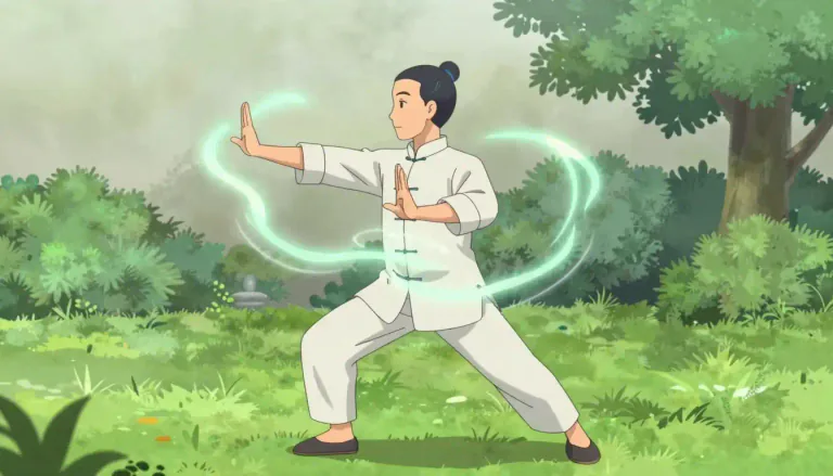 Visual representation of "qigong" - A system of coordinated body posture and movement, breathing, and meditation that is practiced for health, spirituality, and martial arts development.