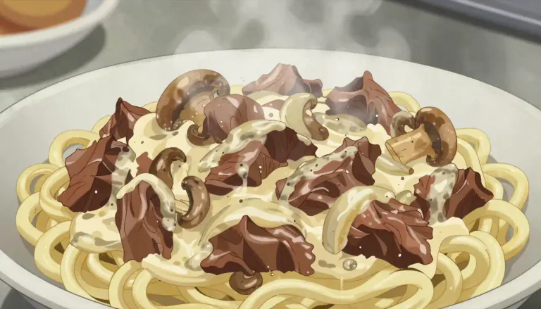 Visual representation of "stroganoff" - A dish made of sautéed pieces of beef served in a sauce with sour cream.