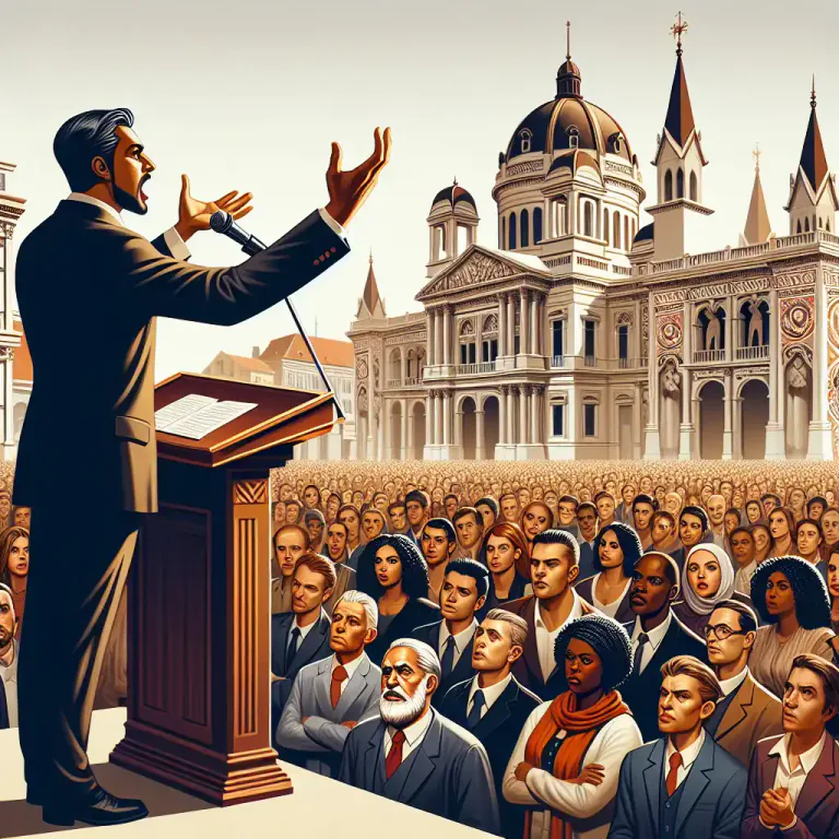 Visual representation of "peroration" - A long speech characterized by lofty and often pompous language.