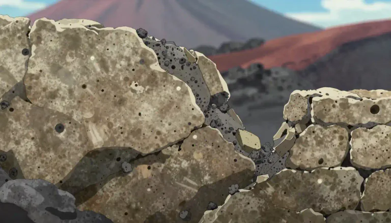 Visual representation of "tuff" - A type of porous rock formed by volcanic ash or debris that has been compacted.