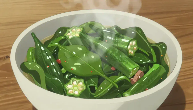 Visual representation of "callaloo" - A dish commonly made with leafy greens, typically served in Caribbean cuisine, often prepared with spices and sometimes meat.