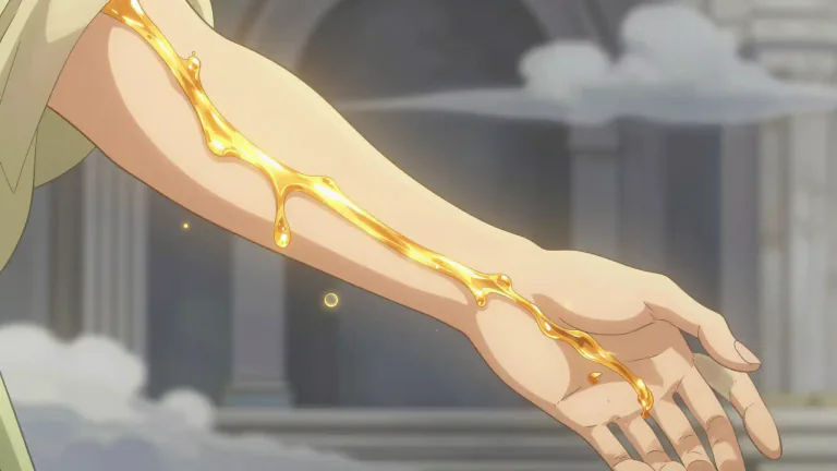 Visual representation of "ichor" - A fluid that flows in the veins of gods in mythology, often described as golden and divine.