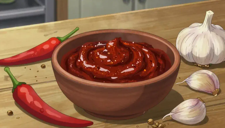 Visual representation of "harissa" - Harissa is a spicy paste made from chili peppers and various spices, commonly used in North African cuisine.