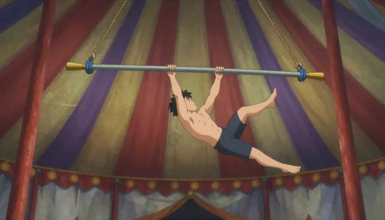 Visual representation of "trapeze" - A horizontal bar hanging by two ropes, used by acrobats in a circus to perform various tricks.