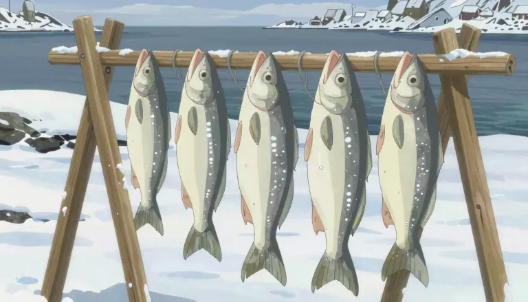 Visual representation of "stockfish" - A kind of fish, usually cod or haddock, that's dried out in the open air and cold weather.