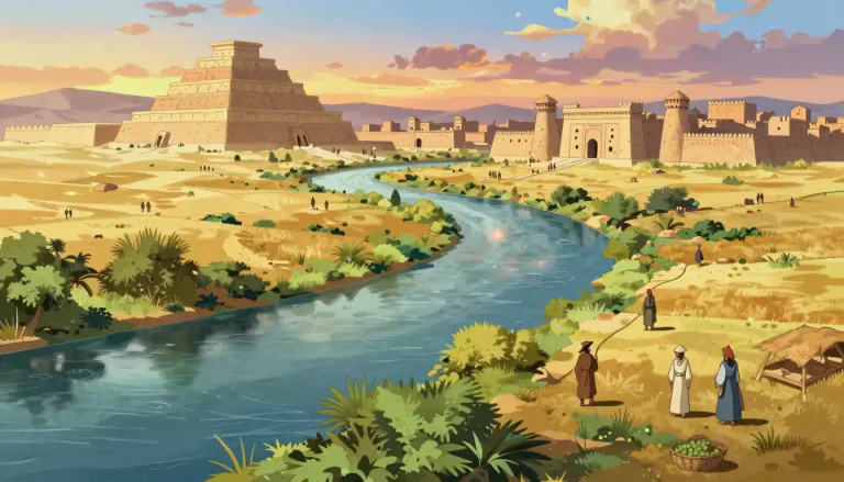 Visual representation of "mesopotamian" - Relating to Mesopotamia, an ancient region between the Tigris and Euphrates rivers, known as one of the earliest cradles of civilization.
