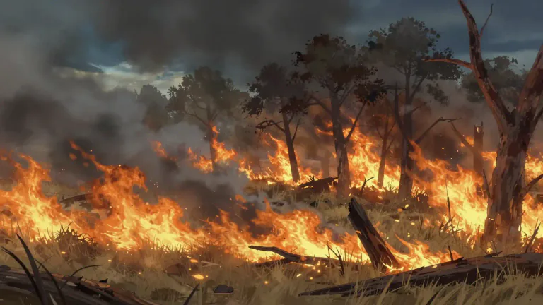 Visual representation of "wildfire" - A large fire that spreads rapidly over woodland or brush, often destroying a large area.