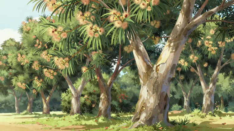 Visual representation of "melaleuca" - A genus of Australian trees and shrubs known for their aromatic leaves and paper-like bark.