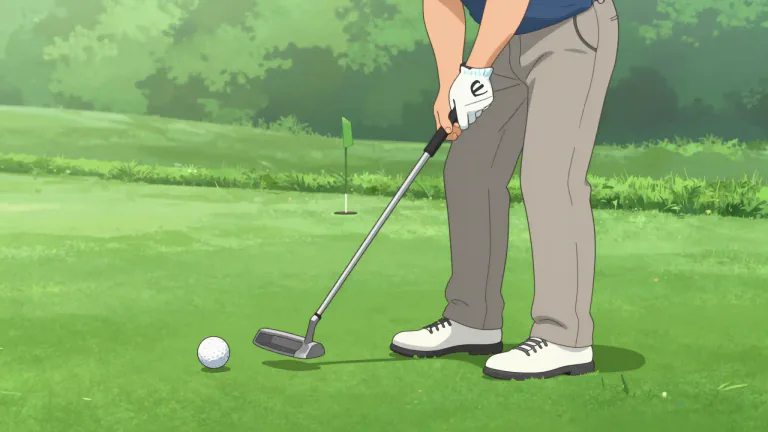 Visual representation of "putt" - To hit a golf ball a short distance with a gentle stroke.