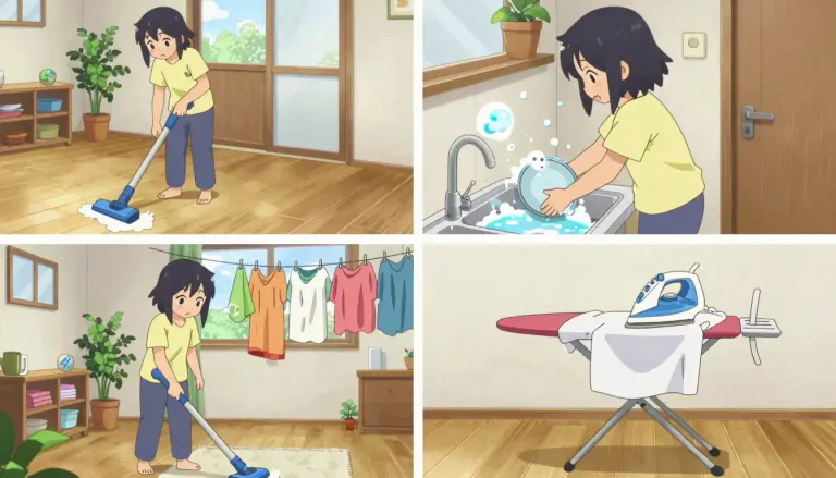 Visual representation of "housework" - The tasks you do to keep your house clean and organized, such as cleaning, washing, and ironing
