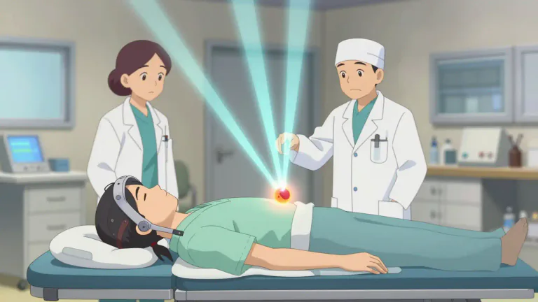 Visual representation of "radiosurgery" - A medical procedure that uses targeted radiation to destroy abnormal tissues, such as tumors, without needing to make a surgical incision.