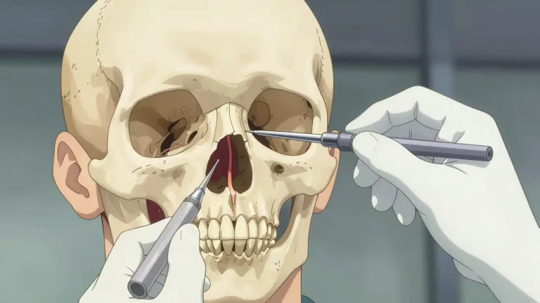 Visual representation of "transsphenoidal" - Relating to a surgical approach that accesses the pituitary gland through the sphenoid bone at the base of the skull.