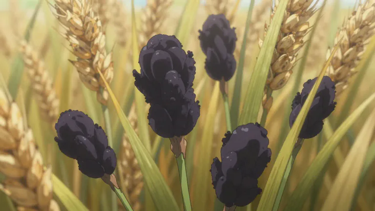 Visual representation of "ergot" - A dark fungus that grows on certain grains, particularly rye, and can cause serious health issues when consumed.