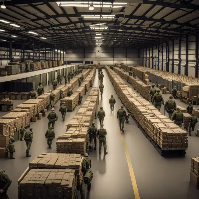 Visual representation of "depot" - In military, a place where military supplies, equipment or material, or soldiers are stored or stationed.
