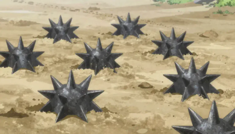 Visual representation of "caltrop" - A spiked metal device deployed on roads and paths to impede vehicles or soldiers.