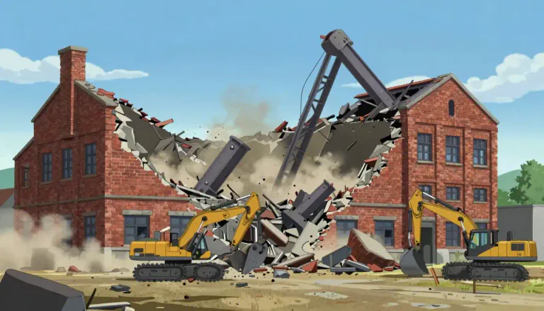 Visual representation of "raze" - To completely destroy a building or other site.