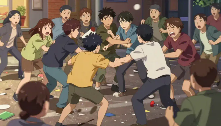 Visual representation of "brawl" - A noisy and messy fight in public, especially one involving a group of people.