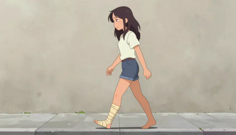 Visual representation of "limp" - To walk in a slow and difficult way because of a hurt or weak leg or foot