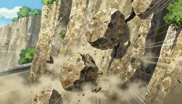 Visual representation of "rockfall" - A rockfall is an event in which one or more rocks fall rapidly from a cliff or steep slope.
