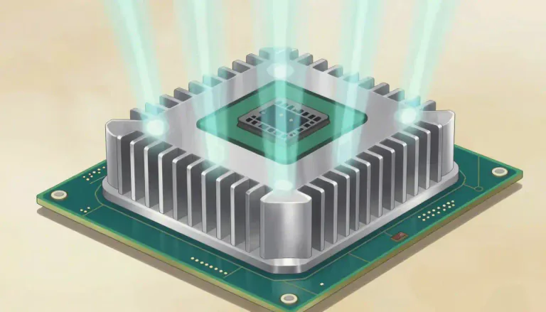 Visual representation of "heatsink" - A heatsink is a device made of conductive material that absorbs and dissipates heat away from electronic components to keep them cool.