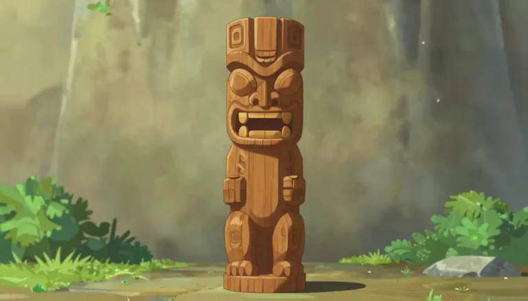 Visual representation of "tiki" - A Tiki is a carved figure that is often found in Polynesian art and culture, representing gods or important ancestors.