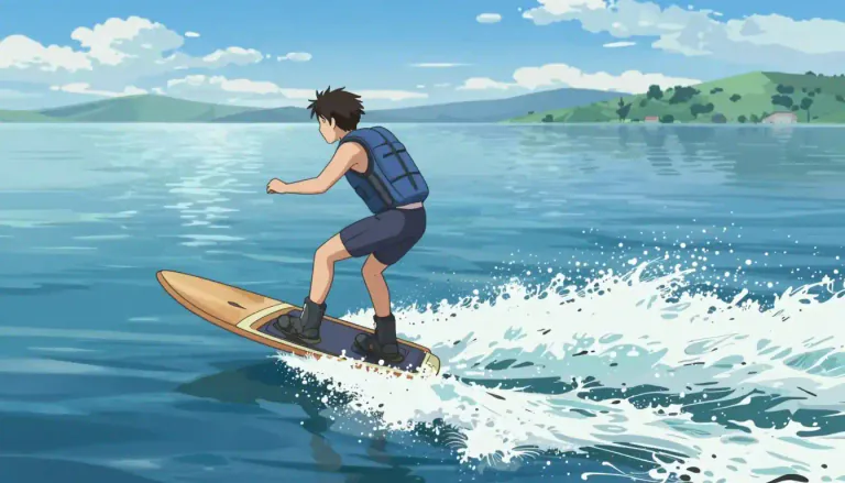 Visual representation of "wakeboarding" - A water sport where a rider standing on a small board is pulled by a motorboat across its wake and in the air.