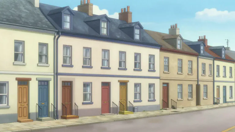 Visual representation of "rowhouse" - A rowhouse is a type of house that is part of a continuous row of similar houses, sharing side walls.