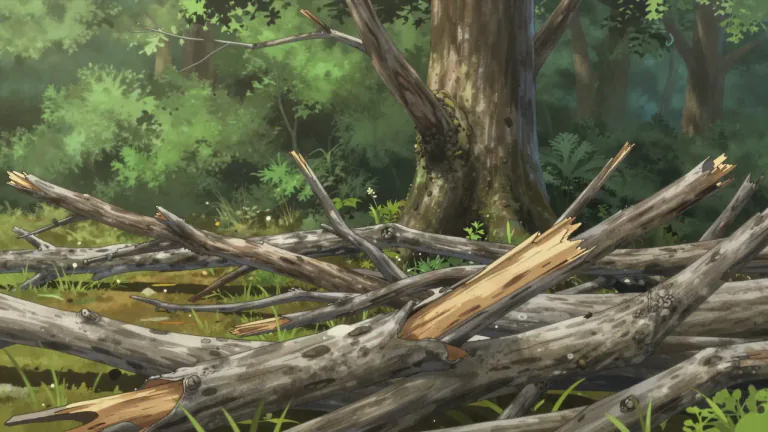 Visual representation of "deadwood" - Wood that is no longer alive, often found as fallen branches or in trees that are dying.