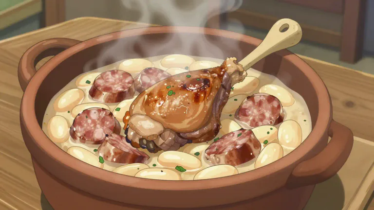 Visual representation of "cassoulet" - A traditional French dish made with beans and various types of meat, often cooked slowly in a pot.
