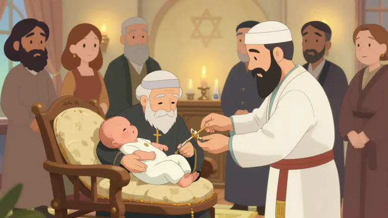 Visual representation of "bris" - A Jewish ceremony of circumcision for a male child, performed on the eighth day after birth.