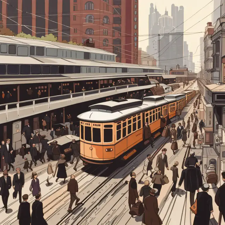 Visual representation of "trolley" - A vehicle that moves on tracks and is used for transporting people in cities