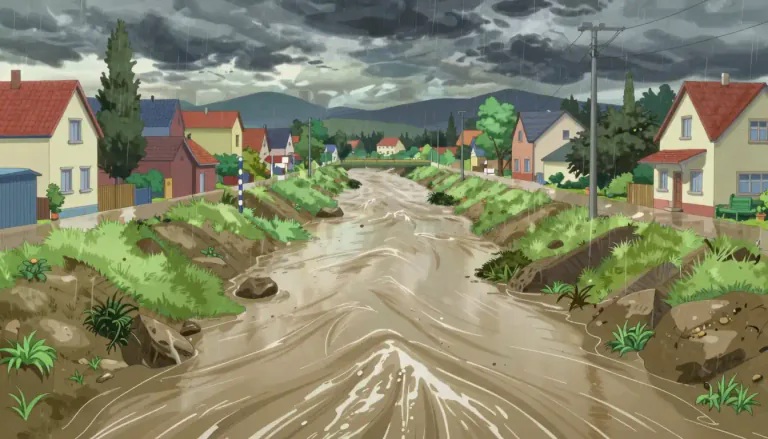 Visual representation of "floodway" - A floodway is a designated area that directs floodwaters during heavy rains or melting snow to prevent property damage and flooding in developed areas.