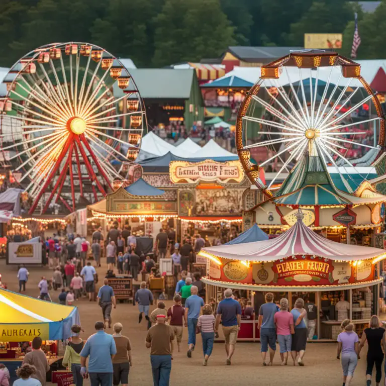 Visual representation of "fair" - A gathering to sell things, often with enjoyable activities