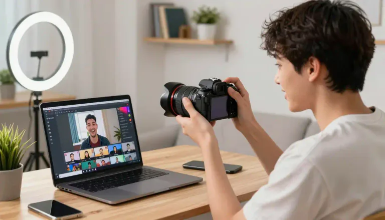 Visual representation of "vlogging" - The activity of recording videos about personal activities or thoughts and sharing them on the internet.