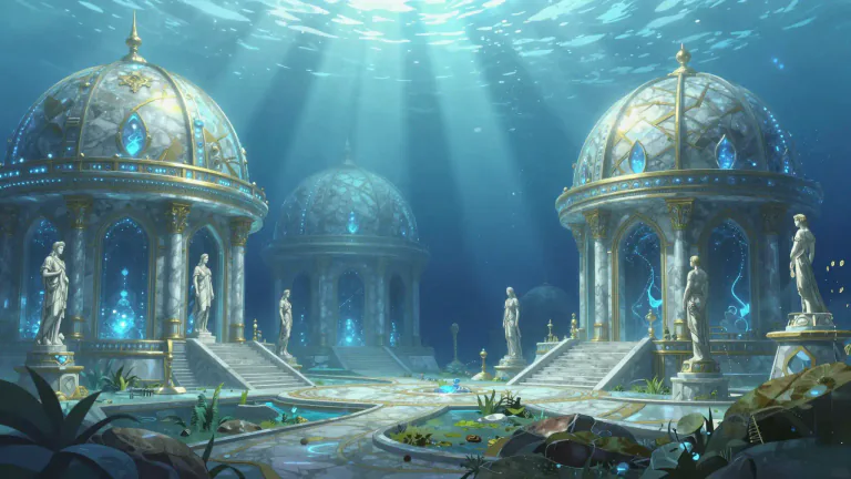 Visual representation of "atlantean" - Relating to Atlantis, a legendary island said to have been a powerful civilization before its destruction.