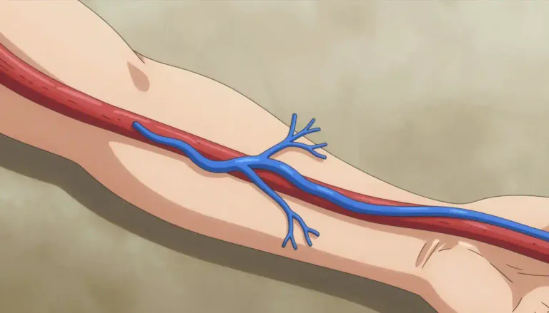 Visual representation of "arteriovenous" - Referring to a relationship or connection between arteries and veins.