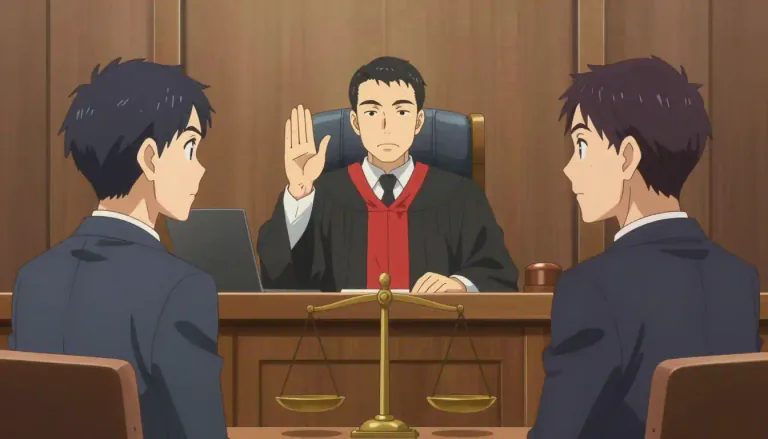 Visual representation of "arbitrate" - To make a decision as an outsider in a dispute, often legally.