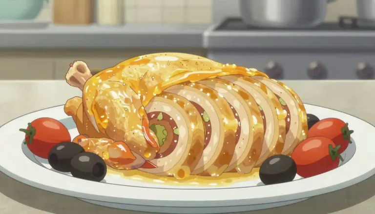Visual representation of "galantine" - A dish made with boneless meat, often poultry or fish, that is stuffed, cooked, cooled and then coated with gelatin.