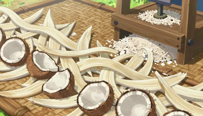 Visual representation of "copra" - Dried kernel or meat of a coconut, used to extract coconut oil.