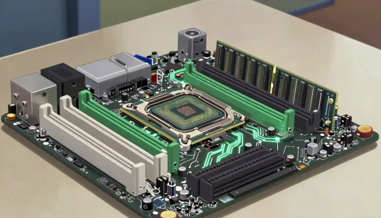 Visual representation of "motherboard" - The main circuit board of a computer that connects the CPU, memory, and other components.