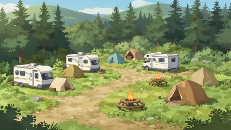 Visual representation of "campground" - A campground is a designated area where people can set up tents or park trailers and RVs, typically located in natural settings.