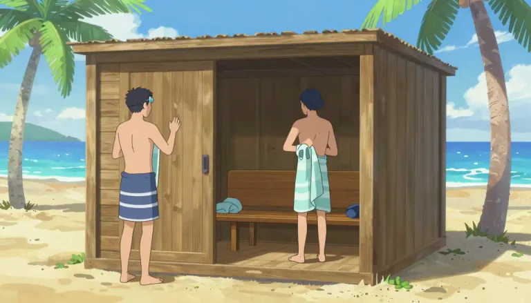 Visual representation of "cabana" - A detached structure found near recreational areas, providing space for changing clothes or resting.