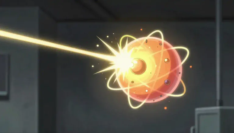 Visual representation of "spallation" - The process by which particles are ejected from an atomic nucleus due to the absorption of a neutron or other energetic particle, particularly in nuclear physics.