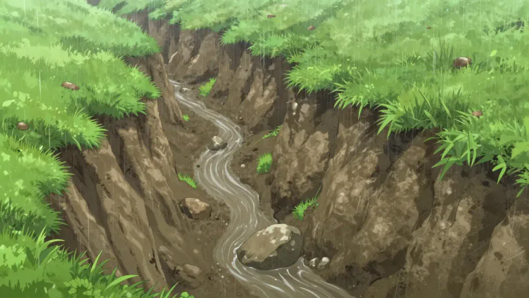 Visual representation of "gully" - A deep artificial or natural channel or groove that is carved by flowing water.