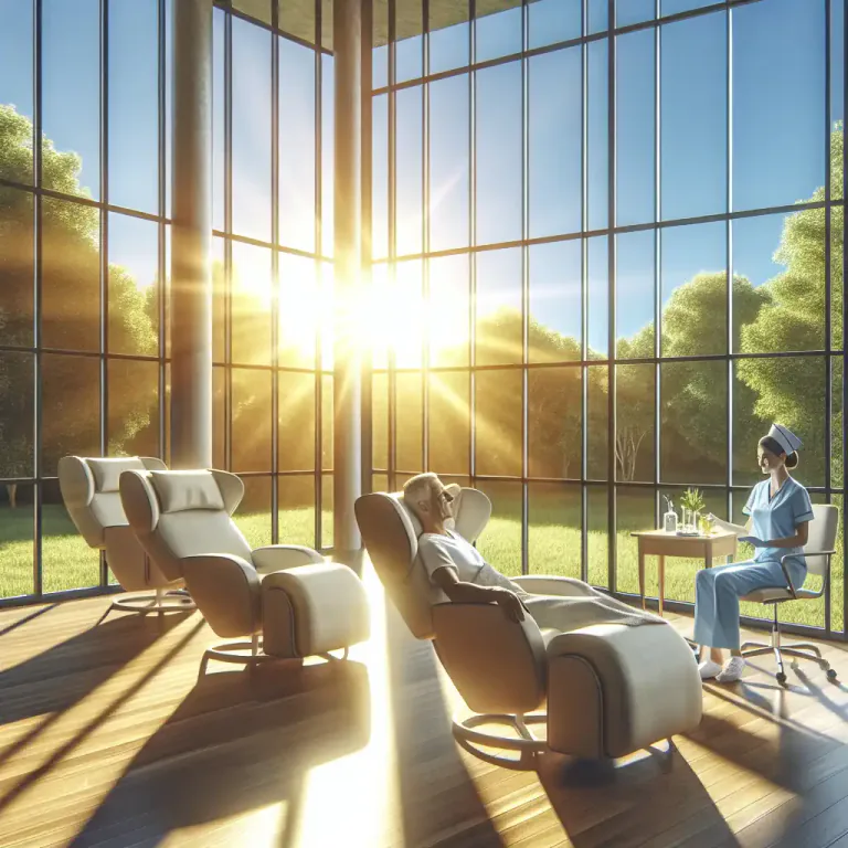 Visual representation of "solarium" - In a hospital, a room with large windows where patients can sit in the sunlight.